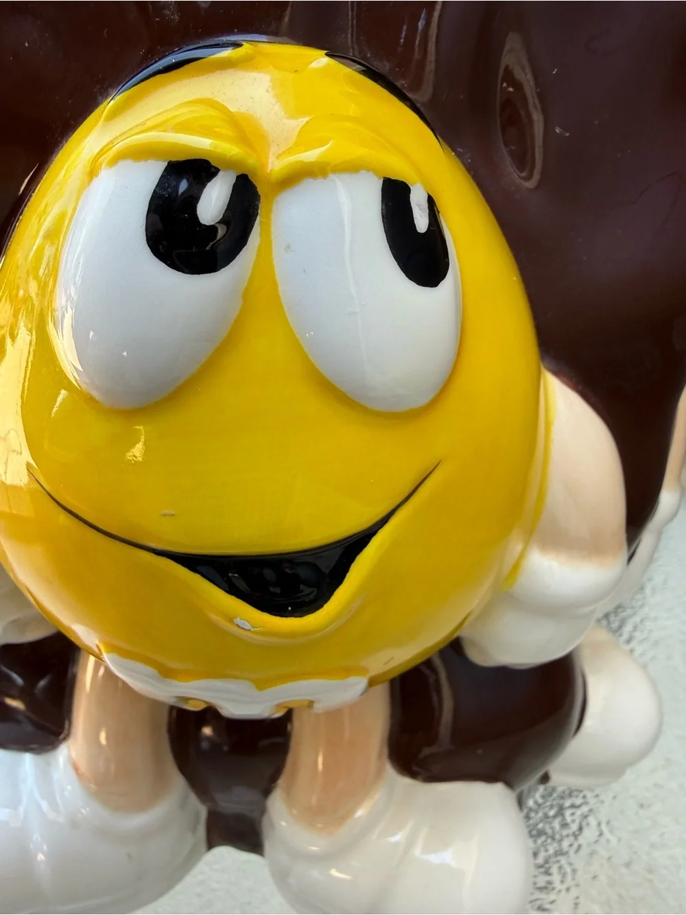 M&M'S Ceramic Cookie Jar with Red and Yellow Characters and Multicolor Candy Top